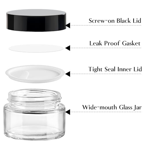 TUZAZO 1oz Glass Jars with Black Lids, 4 Pack Small Glass Jars with Inner Liners & Stickers Refillable Empty Cosmetic Containers for Creams, Lotions, Body Butters, Powders