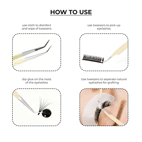 SIVOTE Fiber Tips Lash Tweezers for Eyelash Extensions, Set of 4, Curved, Dolphin, 90 Degree & 45 Degree Tweezer, Vanilla