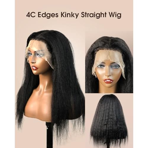 MENTOR 4C Edges Kinky Straight Lace Front Wigs Human Hair Yaki Stairght 13x4 HD Transparent Lace Frontal Kinkystraight Wigs with Curly Edges Hairline Pre-Plucked 180% Density 22 inch
