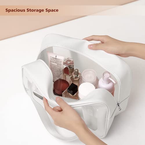Travel Toiletry Bag for Women and Men, Matte Translucent Toiletry Bag with Handy Handle, Makeup Cosmetic Organizer Bag for Travel Toiletries Accessories (White)