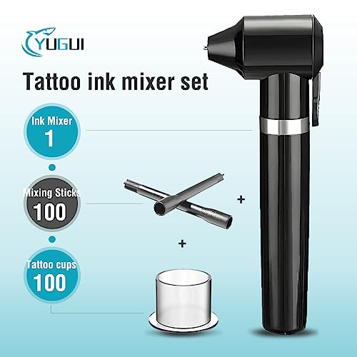 Tattoo Ink Mixer Machine Set - 100Pcs Yugui Ink Mixing Sticks and 100Pcs Tattoo Ink Cups Pigment Mixer Agitator Sticks Black Electric Color Tattoo Mixer Machine for Makeup Eyebrow Color
