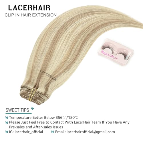 Lacer Hair Clip In Hair Extensions Human Virgin Hair Thick Weft Light Brown And Platinum Blonde Highlights Color Metal Clip Salon Quality Straight Clip In Hair Extension 7 Pieces 140 Gram 22 Inch