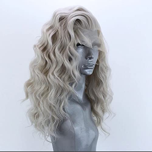 RONGDUOYI Shoulder Length Light Grey Body Wave Lace Front Wigs for Women Girls Heat Resistant Synthetic Wig with Free Part Ash Silver Natural Looking Daily Wear Wig (16Inch, 4503)