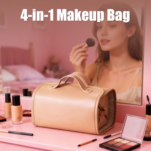 Large Foldable Hanging Toiletry Bag for Women, 4-in-1 Waterproof Makeup bag, Cosmetic Bag with Detachable Interior Pockets, Ideal for Women Travel Essentials(Brown)