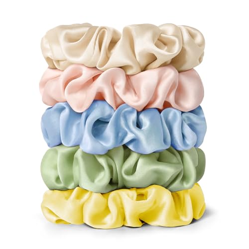 LILYSILK Silk Hair Scrunchies Ties for Frizz & Breakage Prevention 100% Mulberry Elastic Ponytail Holder 5PC (gravel gold+pale pink +ice blue+pale green+LILYAUREA)