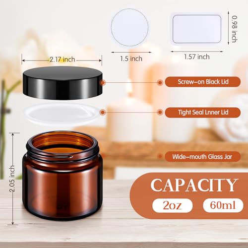 Layhit 24 Pcs 2 oz Glass Jars with Lids Bulk, Small Jars Containers Travel Storage Jar with Inner Liners Labels for Candle Scrubs, Lotions, Cream, Lip Balm (Amber,Black Lid)