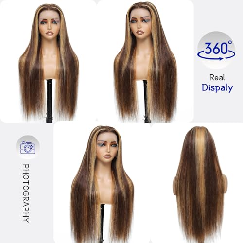 Highlight Ombre 13x6 Lace Front Wigs Human Hair Straight HD Lace Frontal Wigs Pre Plucked Tangle-Free 200 Density 4/27 Colored Real Virgin Human Hair Wig Invisilbe Hairline Tiny Knots 24 Inch