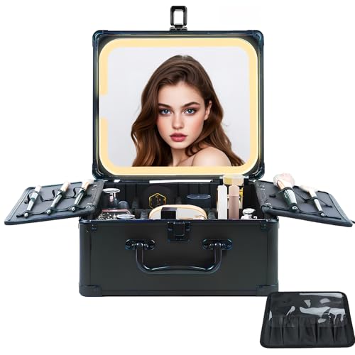 Makeup Organizer Box with Detachable Lighted Mirror, Travel Train Cosmetic Case, Adjustable Divider Storage Bag, Portable Artist Storage Suitcase with Magnetic LED Mirror - Black
