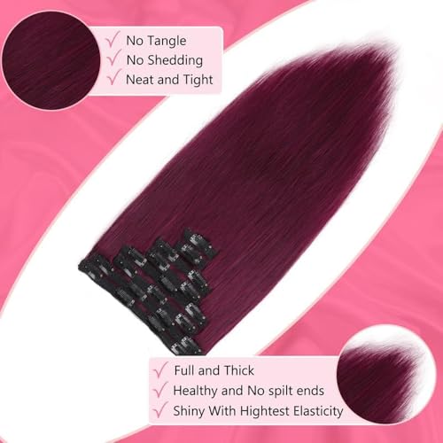ShowJarlly Clip in Hair Extensions Real Human Hair 16 Inch Straight Clip Ins 8 Pcs Brazilian Remy Hair Extensions for Women #99J Burgundy