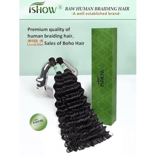 ISHOW Raw Human Braiding Hair, 100% Unprocessed Virgin Human Hair, 15A Deep Wave Boho Hair, 100g 16 Inch (2 Packs), NO.1 Premium Quality Boho Hair Producer, Long Lasting, Color 1B