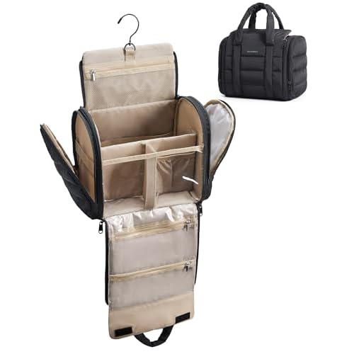 BAGSMART Travel Toiletry Bag with Removable Partition, Puffy Water-resistant Fabric Hanging Organizer for Full-Size Toiletries, Accessories, Black