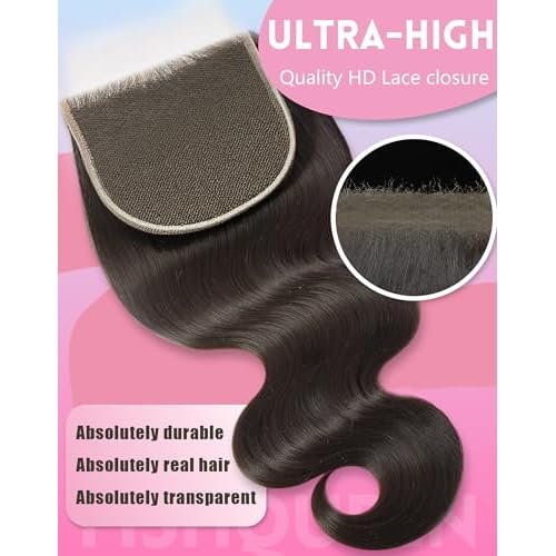 HD Lace Closure Body Wave Human Hair 5x5 Hd Swiss HD Lace Closure Only Skinlike Transparent Frontal 0.095mm Ultra-Thin Invisible With Baby Hair Pre-Plucked Bleached Knots(5x5 Natural Black 18 Inch)
