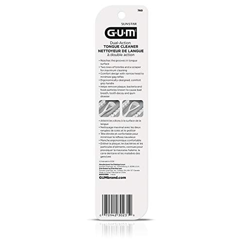GUM Tongue Cleaner - Dual Action Soft Bristled Tongue Brush with Tongue Scraper for Better Oral Hygiene - Bad Breath Treatment (Pack of 3)
