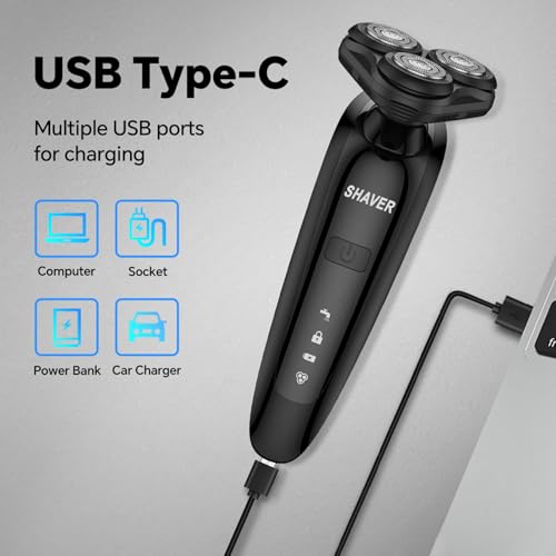 Electric Razor for Men - Rechargeable Shaver 3D Precision Blades with Pop-up Trimmer - Rotary Cordless Shavers Washable Gentle on Sensitive Skin for Beard Sideburn Face with Travel Lock Men Gift