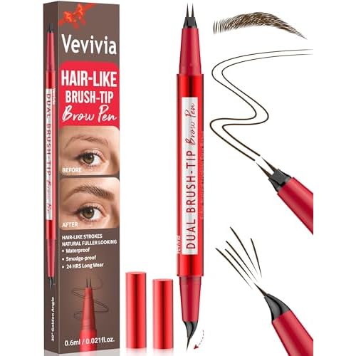 Vevivia Eyebrow Pencils for Women - Eyebrow Pen with Dual-Brush-Tip & Curved Tip for Natural Fuller-Looking Brows, Precise Hair-Like Strokes for All Brow Types, Last All-Day Brow Makeup, Dark Brown