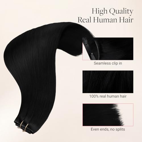 GOO GOO Genius Clip in Hair Extensions, 14inch 130g 9pcs, Seamless PU Clip in Hair Extensions, Straight Virgin Real Human Hair, 1 Jet black