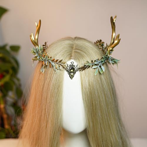 MOSTORY Woodland Gold Antler Crown - Forest Elf Headpiece Fairy Floral Circlet for Women Renaissance Fair Halloween Renfaire Cosplay Photo Shoot