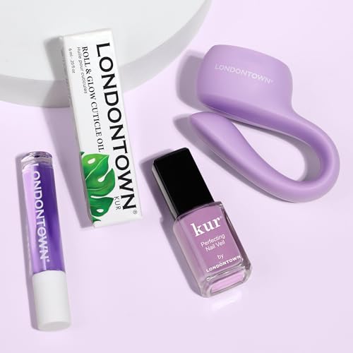 LONDONTOWN Violet Vibes Nail Polish Set - Perfecting Nail Veil #9, Sheer Lilac Tint, .40fl oz, with Bottle Service Polish Holder and Roll & Glow Cuticle Oil, Passionfruit for Dry Cracked Cuticle Care