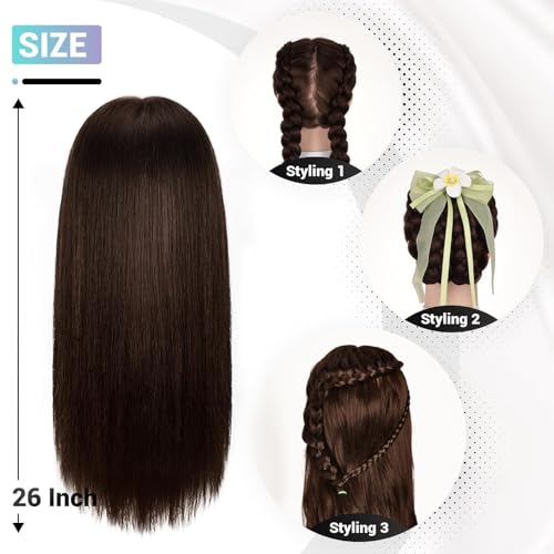 Mannequin Head with 80% Human Hair, 26" Straight Hair Manikin Head, Training Doll Head for Cosmetology & Makeup Practice Real Hair with Clamp Holder and Styling Kits (Dark Brown)