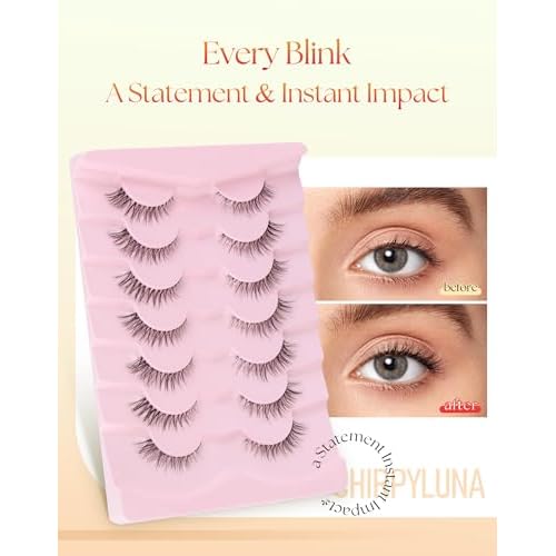 Eyelashes Natural Lashes Cat Eye 12MM Fake Eyelashes Wispy C Curl Lash Strips False Lashes Pack with 0.1MM Clear Band 3D Volume False Eyelash ChirpyLuna 7 Pair