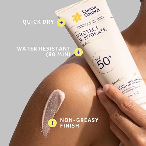 Cancer Council Protect & Hydrate Radiance Body Sunscreen SPF50+, Shimmer Finish Sun Care, Broad Spectrum UVA/UVB Sun Protection, Water Resistant, Paraben & Fragrance Free, Water Resistant, 5fl. oz.