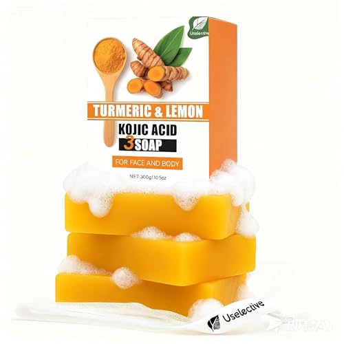 Lemon Turmeric & Kojic Acid Soap Bar For Dark Spot ? lightening Skin with Vitamin C - 3x Moisturizing with Shea Butter for Face / Body?Natural ingredien Glowing Soap for Oily & Dry Care - 3 Pcs