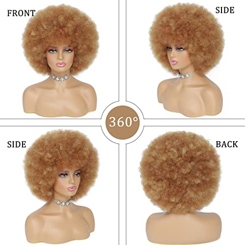 Afro Wig - Soft 70s Afro Wig For Women Blonde Afro Kinky Curly Hair Wigs With Bangs Ash Blonde Short Curly Wig For Men Bouncy Afro Puff Synthetic Hair Afro Wig For Daily Party Use
