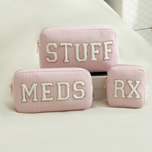 uekeboag Seersucker Chenille Letter Stuff Meds RX Makeup Bag, Travel Washable Purse Organizer with Zipper, Lightweight Toiletry Cute Personalized Preppy Cosmetic Bag For Women and Girls(3pcs Pink)