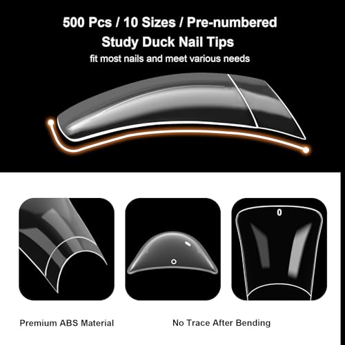 500Pcs Clear Duck Nail Tips Short - 10 Sizes Pre-Shaped Professional Press Ons for Nail Extension, Half Cover Acrylic Soft Gel Tips for Home DIY Nail Salon With Box