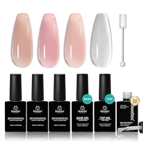 Beetles Builder Gel Set,Vitreous Radiance 4 Colors 8 in 1 Strengthening Apex Building Nail Extension with Base&Top Coat for Beginners DIY Salon at Home,Silver Cat Eye Gel Nail Polish,UV&LED Needed