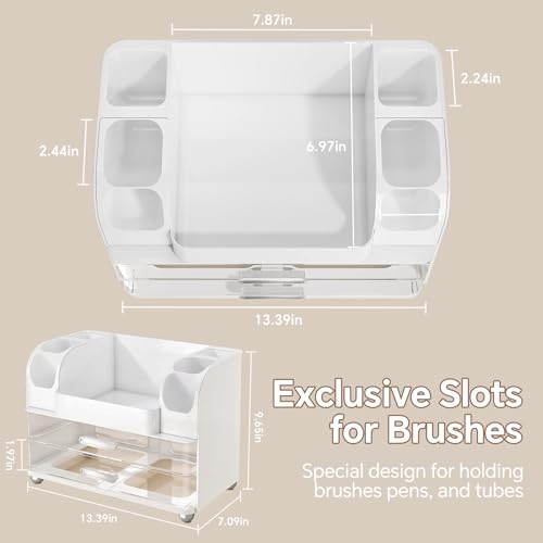 Makeup Organizer, Large Vanity Organizer with Brush Holder and 2 Drawers, Clear Cosmetic Storage Box for Bathroom Countertop, Toiletry and Skincare Storage for Lipsticks, Lotion, and perfume, White