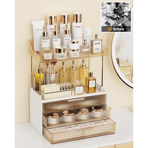 Bathroom Organizers and Storage, Makeup Organizer (Sturdy Durable Attractive), Ideal for Vanity, Countertop, Counter, Perfume, Skincare, Cabinet, Cosmetic, Dresser Organizer (Gold)