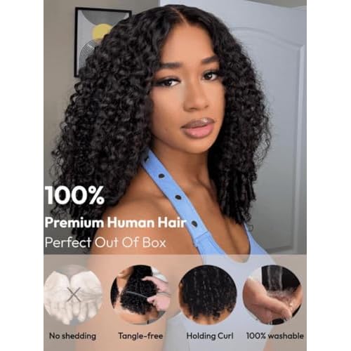 UNICE Bye Bye Knots 7x5 Lace Curly Wig Human Hair with Finger Coil Ends Glueless Pre Plucked Pre Cut Lace Wig 150% Density Beginner Friendly Put On and Go Human Hair Wigs for Black Women 20 inch