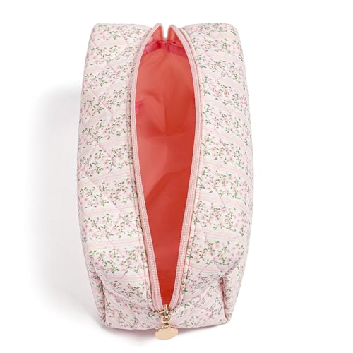 Makeup Bag Travel Cosmetic Bag for Women Girls, Zipper Make Up Pouch, Floral Flowers Toiletry Organizer Makeup, Portable Storage Cosmetic Travel Cloth Bag (Pink)