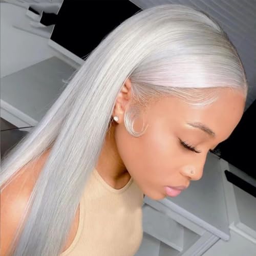 Grey 13x4 Lace Front Wigs Human Hair for Women Silver Straight HD Transparent Lace Front Wigs Human Hair Pre Plucked Glueless Lace Frontal Wigs 24 Inch 180 Density