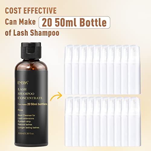 EMEDA Lash Shampoo Concentrate for Eyelash Extensions 100ml Eyelash Extension Cleanser Concentrate Bulk Liquid Kit with Brush Bottle Foam Soap Lash Bath Solution - Makes 20 Bottles 50ml Shampoo (Rose)