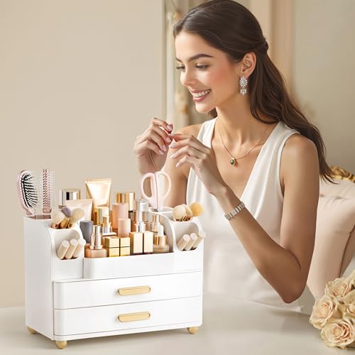 HBlife Makeup Organizer for Vanity with Brush Holder, Large Bathroom Countertop Cosmetic Organizer Skin Care Storage, Easy to Store Lipsticks, Nail Polishes, Perfumes, Eyeshadow Palettes, All White