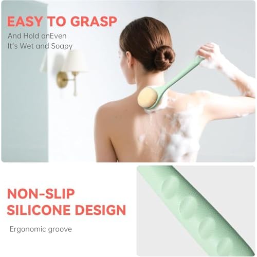 Back Scrubber for Shower, 15.7" Loofah with Handle, Back Shower Brush with Bristles and Loofah, Dry Brushing Body Brush for Cleanse Back and Hard to Reach Areas with Curved Long Handle
