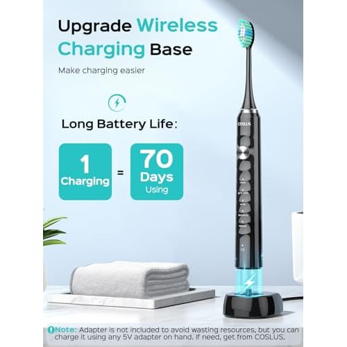 COSLUS Sonic Electric Toothbrush for Adults: 47000 VPM for Deep Cleaning & Whitening with Travel Case - 5 Modes for Sensitive Teeth & Braces, Wireless Charging, 6 Brush Heads for Home Family, Black