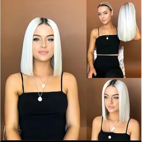 Ombre Platinum Blonde Wig Human Hair with Dark Roots 10 Inch Straight Bob Ash Blonde Lace Front Wigs for White Women 13x4 HD Lace Frontal Pre plucked 150% Density