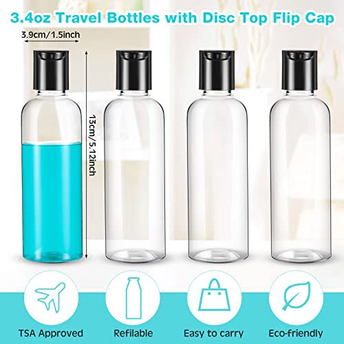 Roshtia 100 Pcs 3.4 oz Travel Bottles for Toiletries Clear Plastic Travel Size Containers Leak Proof Empty Refillable Liquid Containers Squeezable for Lotion Face Cream Shampoo Essential Oil (Black)