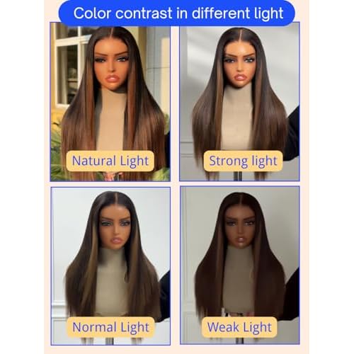 Nadula Chestnut Brown Ombre Yaki Straight Bye Bye Knots Glueless Wig Human Hair with Elastic Drawstring,Highlight Pre Cut 7x5 Invisible Knots HD Lace Front Wigs,Pre Everything Light Yaki Wig 20inch