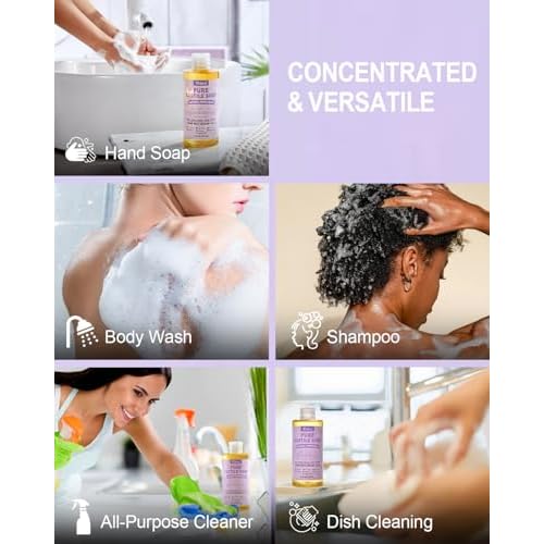 Pure Castile Soap Liquid Lavender 8 OZ, Made with Certified Organic Oils, Gentle Lavender Soap for Hands & Body Wash, Face, Dishes, Laundry & More - Vegan & Natural Ingredients Cleanser