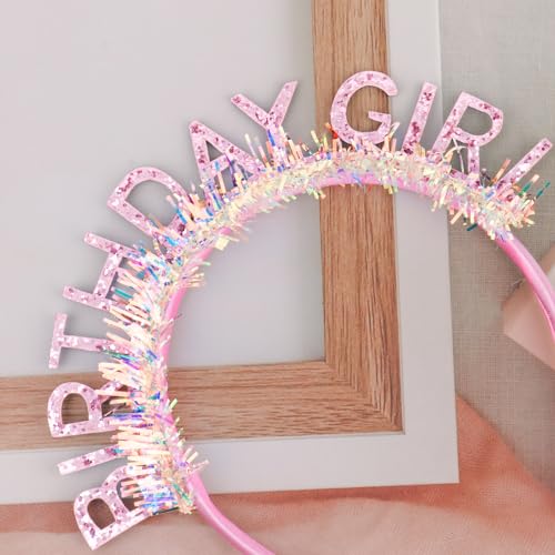 CIEHER Birthday Girl Headband Crown for Women & Girls - Pink Glitter Letter Tiara - One Size Fits All - Birthday Decoration & Gift