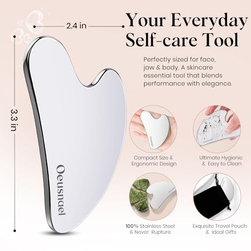 Stainless Steel Gua Sha Facial Tools, Lymphatic Drainage Massager for Face Sculpting, Chin & Jawline Shaper, Metal Guasha Tool for Body Eyes Neck, Self Skin Care Gift for Women Men with Pouch
