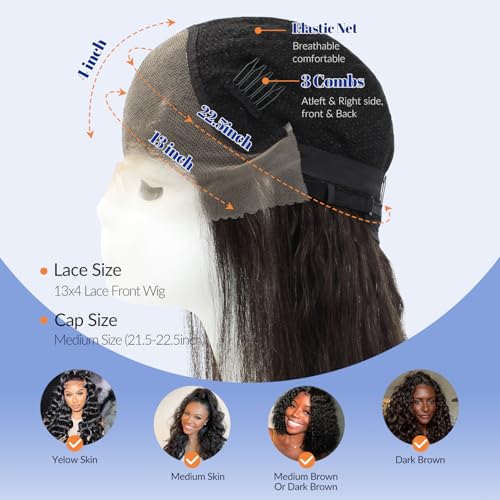 WORLDSTAR Lace Front Wigs Human Hair Water Wave Wigs for Black Women Curly Natural Black 14 Inch 120G Human Hair Wig Natural Baby Hair 100% Unprocessed Human Hair 13x4 Free-Style Parting (wig#B-533)