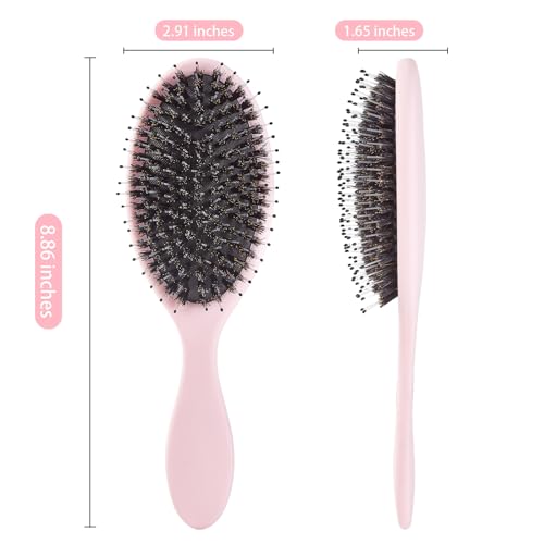 Boar Bristles Hair Brush for Women and Men, Detangling Hair Brush for Smoothing Massage Add Shine, Nylon&Boar Bristles Detangler brush for Hair Healthy (1 Pack-Pink)