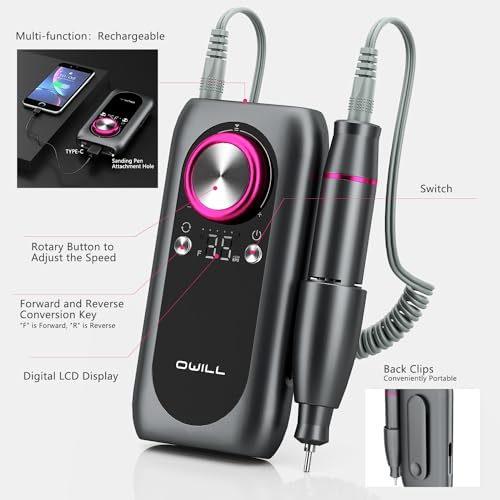 OWill Electric Nail Drill Professional, 35000RPM Rechargeable Machine With LED Display, Portable Electric File for Salon Home Kits, Pink