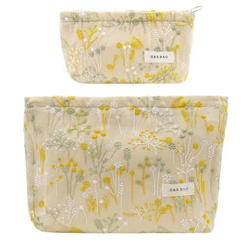 2 Pcs Makeup Bags, Large Cosmetic Bag Travel Toiletry Bag Organizer for Women, Embroidery Craft, Floral Makeup Bag Small Cosmetic Pouch Purse with Zipper Gifts for Girls Teen