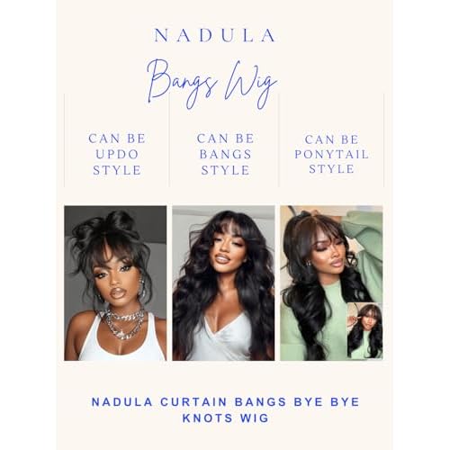 Nadula 7x5 HD Bye Bye Knots Glueless Curtain Bangs Wig with Drawstring, Pre Everything Loose Wave Wigs Human Hair Pre Cut/Plucked/Bleached Invisible Knots, Ready to Wear No Glue, 180% Density 16inch